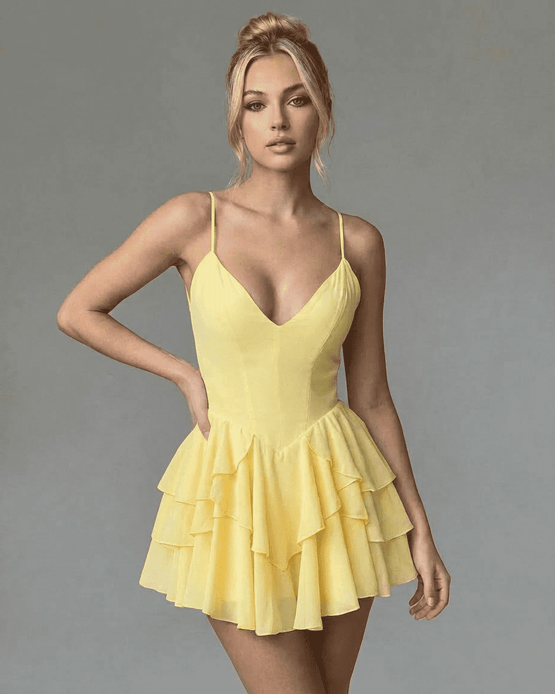 Vestido mini amarillo vibrante para mujer, perfecto para fiestas y eventos de verano.