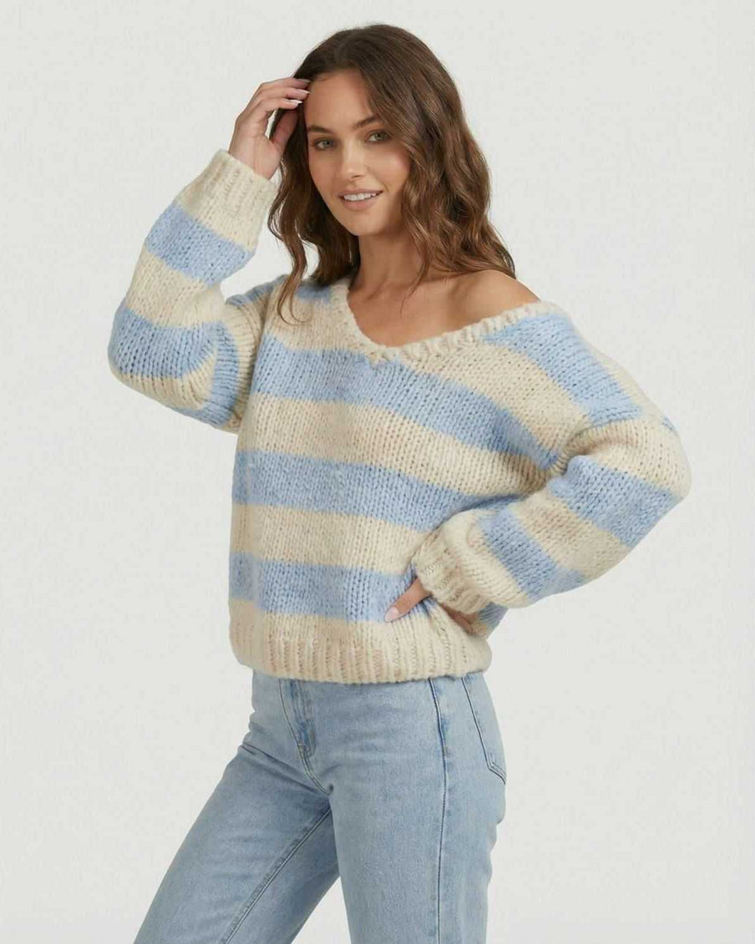 Suéter casual de moda para mujer, rayas y cuello V, estilo relajado. Ideal para otoño-invierno.