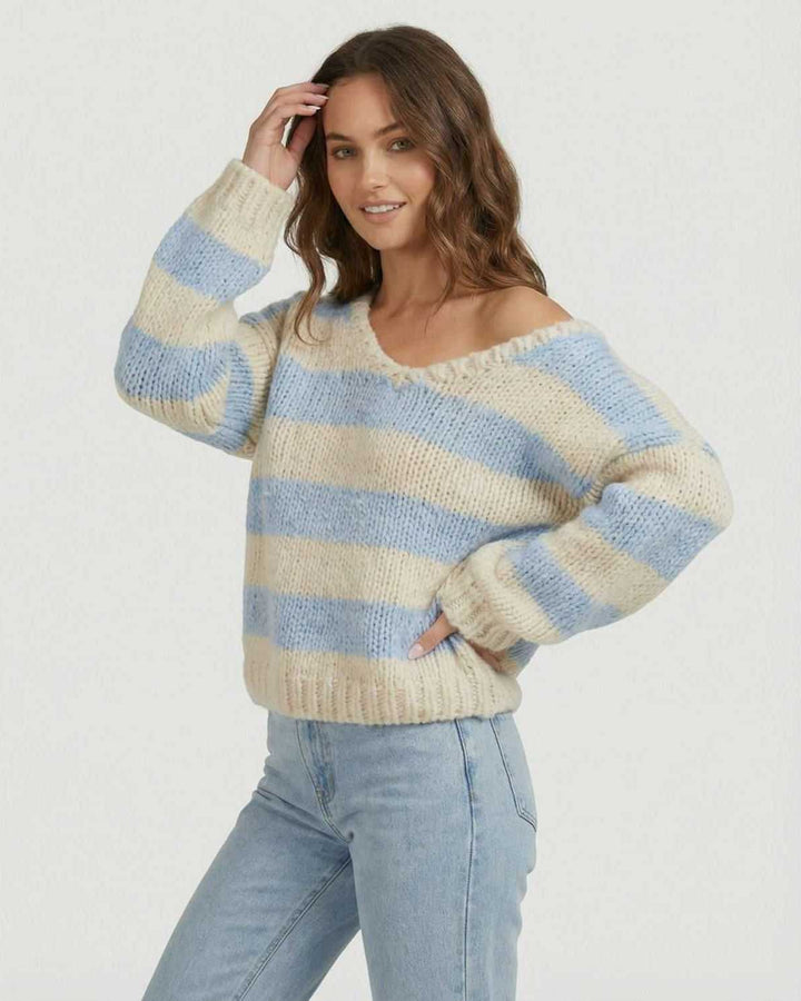 Suéter casual de moda para mujer, rayas y cuello V, estilo relajado. Ideal para otoño-invierno.