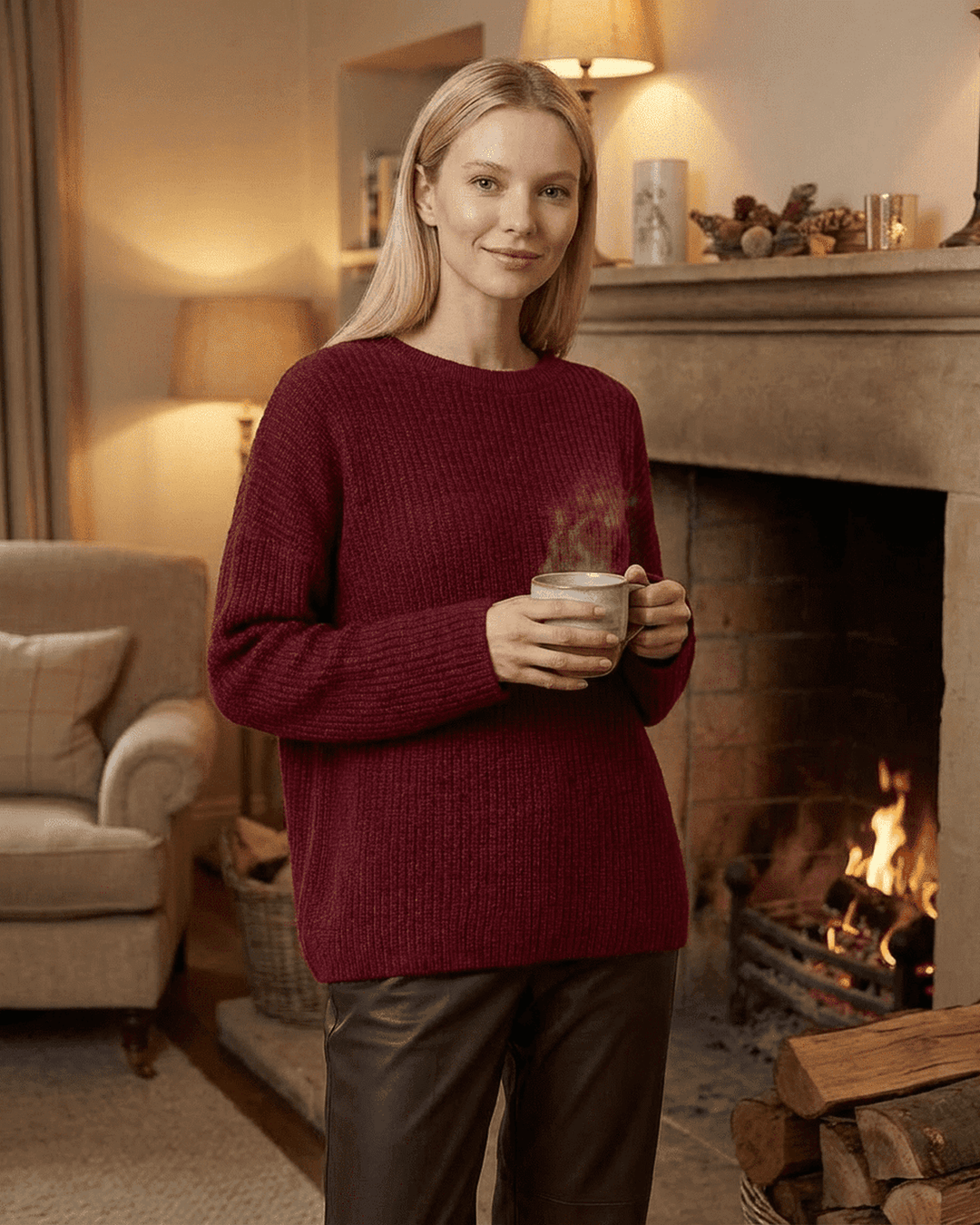 Prenda de otoño/invierno: suéter burdeos de mujer, cuello redondo. Estilo casual y cómodo, ajuste holgado.