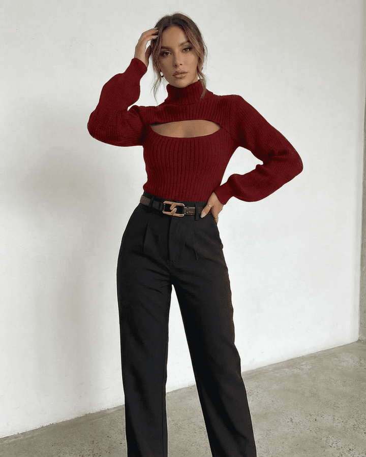 Suéter femenino merlot acanalado, cuello alto. Ropa de invierno cálida y con estilo elegante.