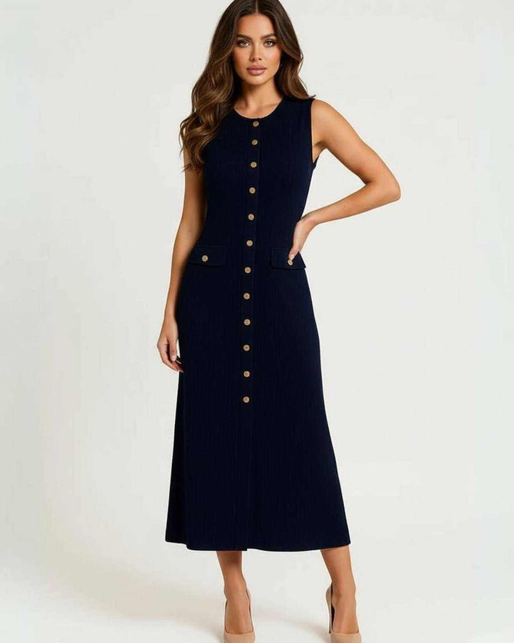 Vestido midi mujer azul marino versátil, sin mangas, botones dorados, corte A. Estilo elegante para cualquier ocasión.