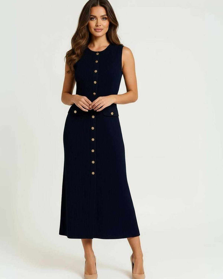 Vestido midi sofisticado azul marino para mujer con botones dorados, perfecto para fiesta o look de oficina.
