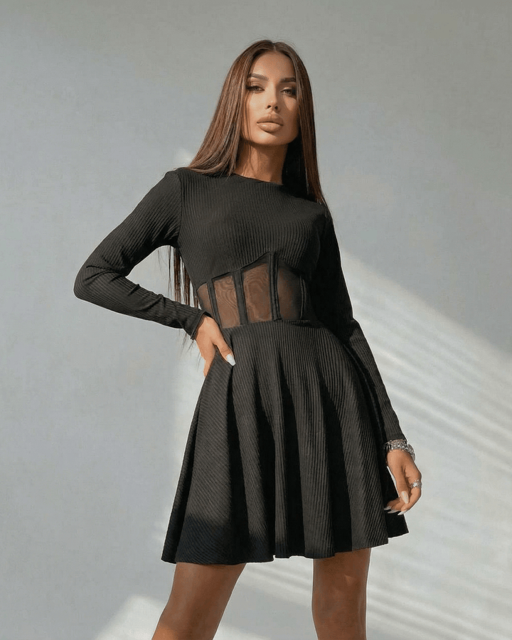 Vestido de fiesta negro para mujer, estilo mini con corsé transparente. Perfecto para noches elegantes en primavera/otoño.