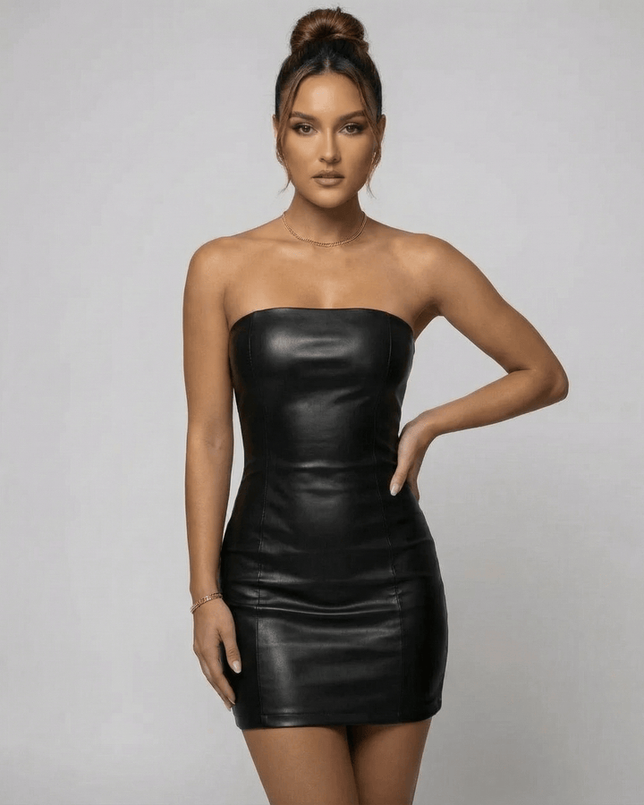 Vestido mini Mónaco elegante para mujer, sin tirantes, ideal para noche o fiesta, estilo moderno y ajustado.