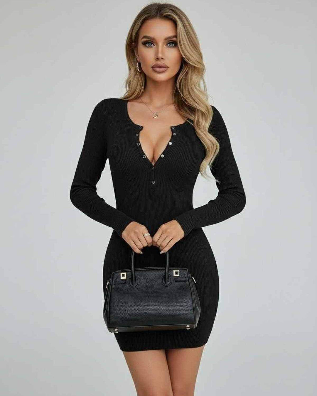 Vestido mini negro ajustado de manga larga. Estilo elegante y sensual, perfecto para moda de noche.