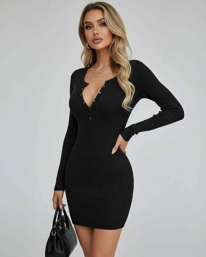 Moderno vestido mini ajustado negro de mujer. Diseño Mónaco con manga larga, versátil y chic.