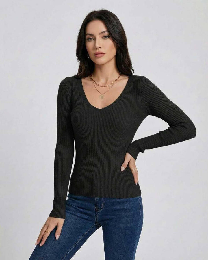 Suéter de mujer con cuello V, ajuste slim y manga larga. Pullover elegante y casual para otoño-invierno.