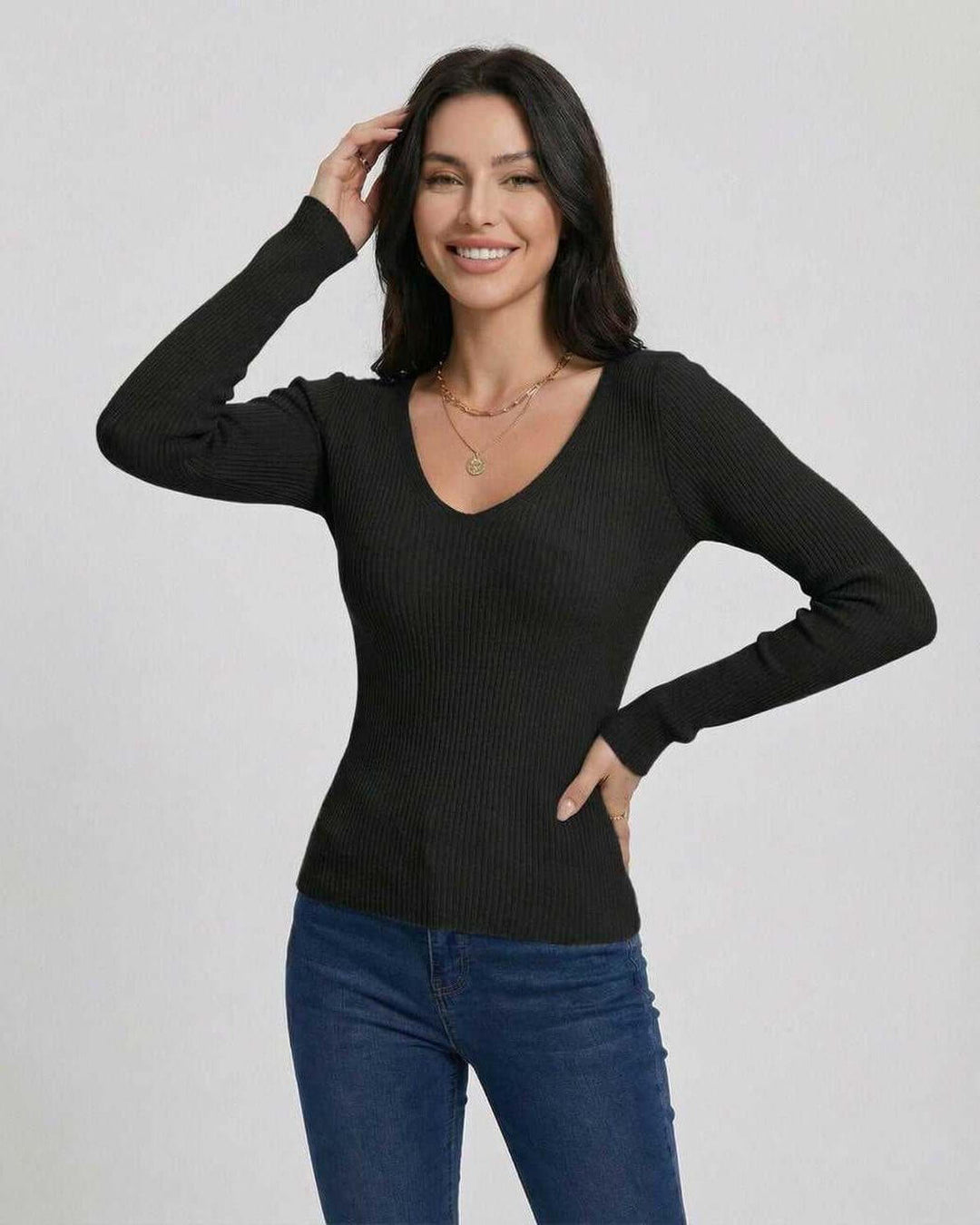 Suéter rayado de mujer, cuello V, manga larga. Ajuste slim elegante, perfecto para atuendos de oficina o casuales.