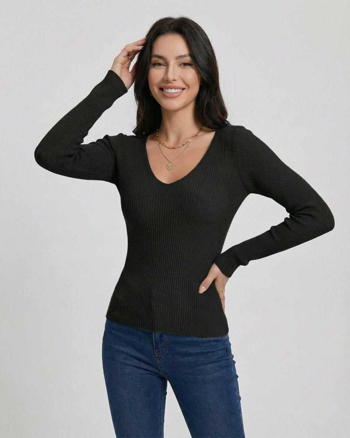 Suéter rayado de mujer, cuello V, manga larga. Ajuste slim elegante, perfecto para atuendos de oficina o casuales.