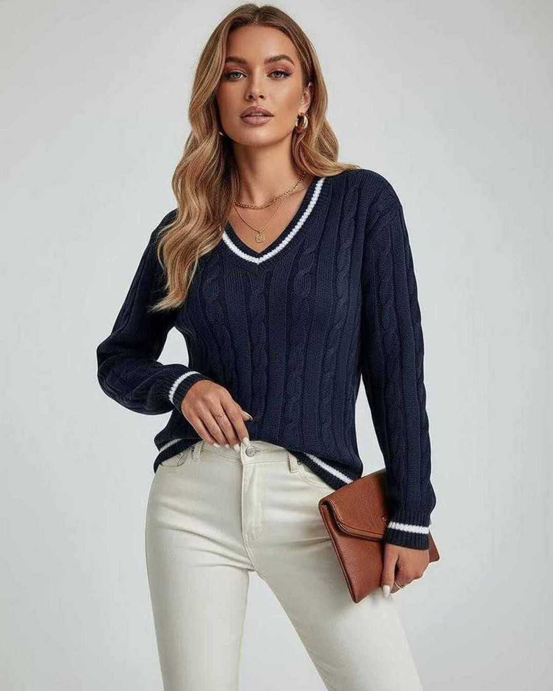 Jersey de mujer blanco con cuello en V, punto trenzado. Ideal para moda casual y estilo chic de invierno.