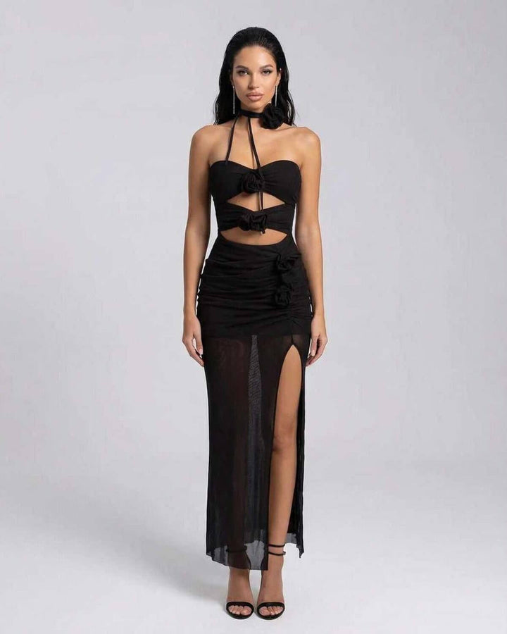 Vestido maxi halter negro elegante para mujer, perfecto para fiesta de noche o evento especial. Ajustado y sofisticado.