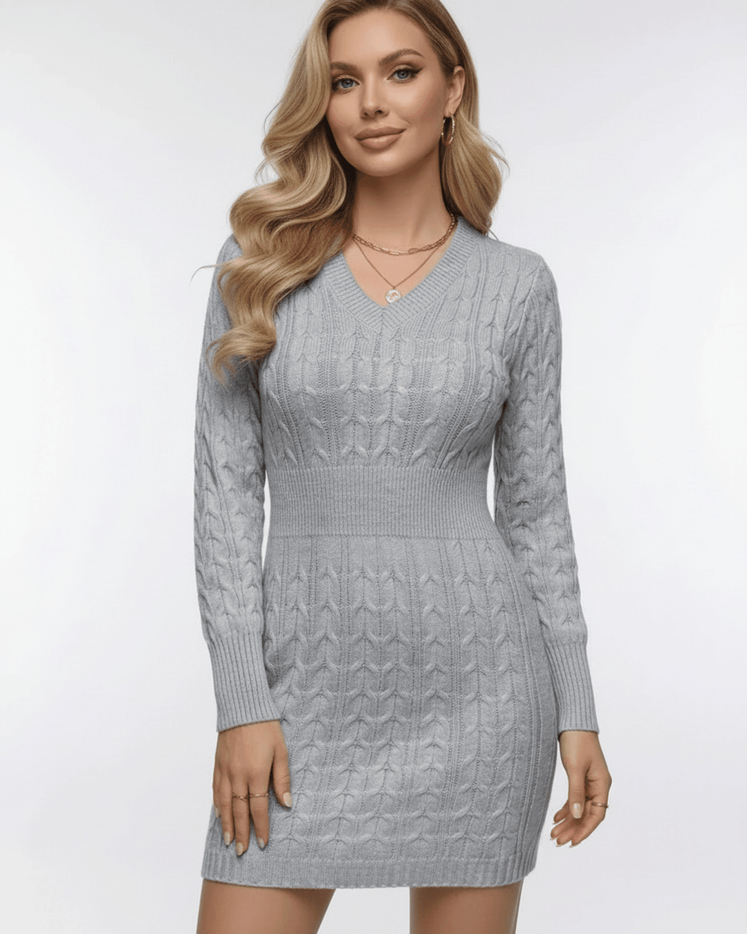 Vestido mini blanco para mujer, de punto de cable con escote V y manga larga. Perfecto como ropa de oficina o casual.