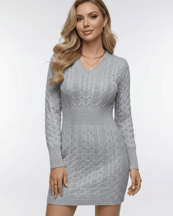 Vestido mini blanco para mujer, de punto de cable con escote V y manga larga. Perfecto como ropa de oficina o casual.