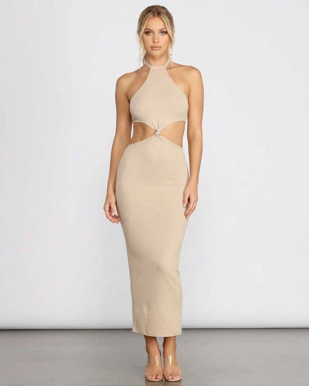 Vestido midi halter blanco elegante para mujer con aberturas chic en la cintura, perfecto para verano o fiesta.