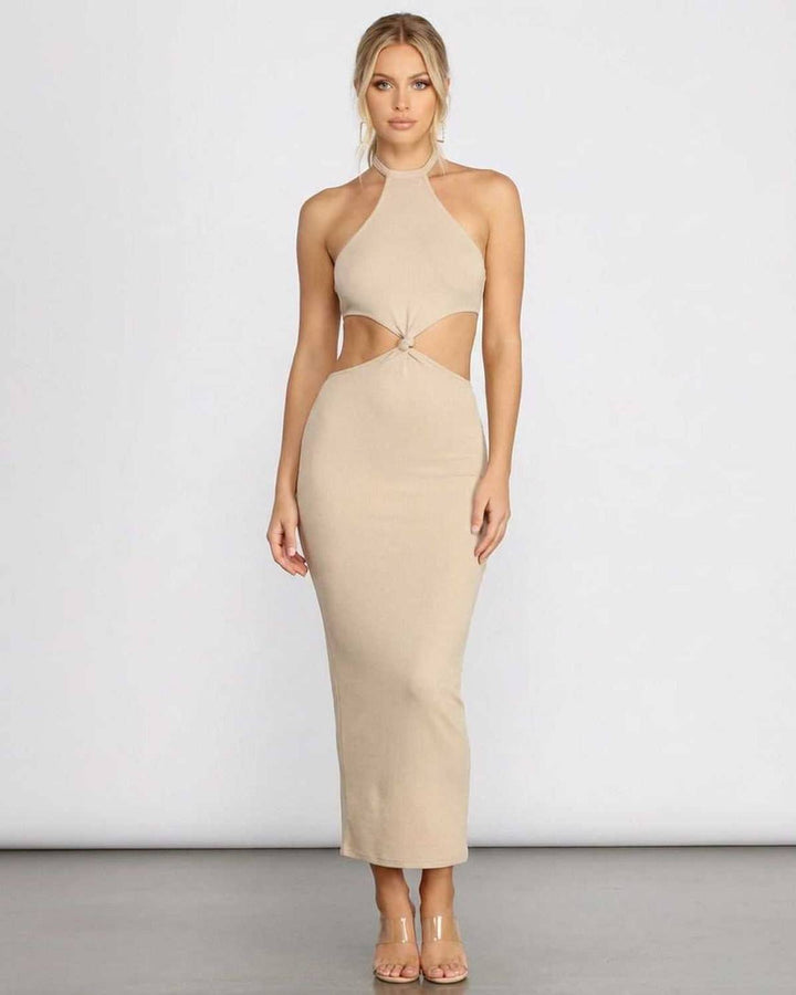 Vestido midi halter blanco elegante para mujer con aberturas chic en la cintura, perfecto para verano o fiesta.