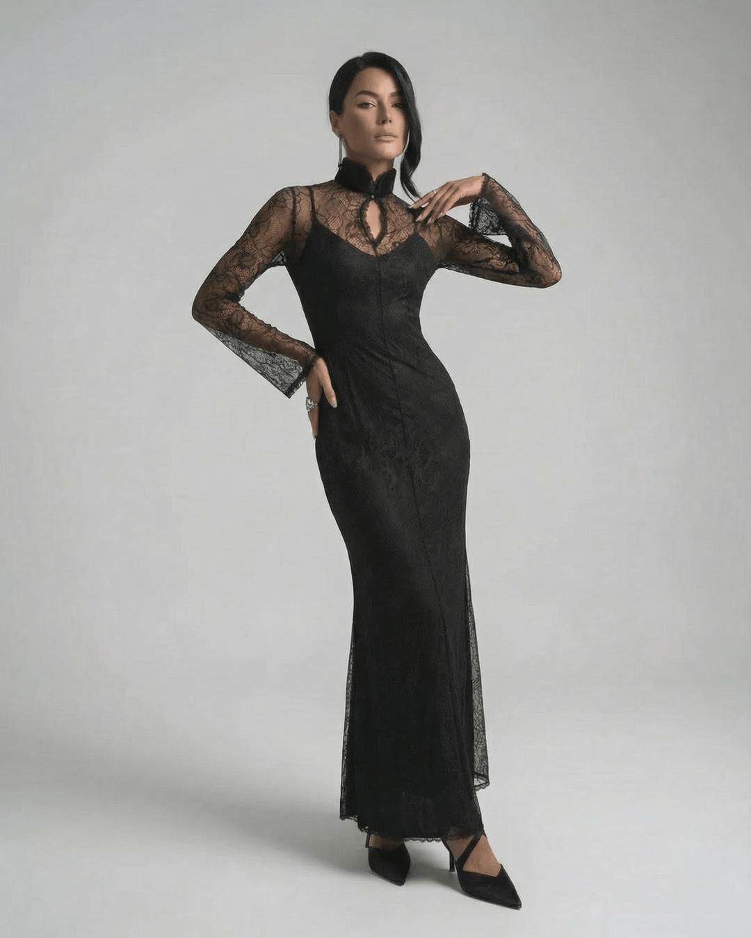Vestido maxi Noctavia elegante de noche para mujer, ajustado, cuello alto, manga larga.