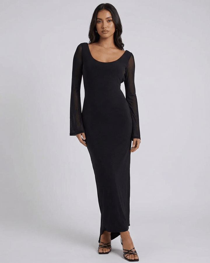Elegante vestido maxi de noche blanco para mujer, con sofisticadas mangas transparentes, para fiesta.