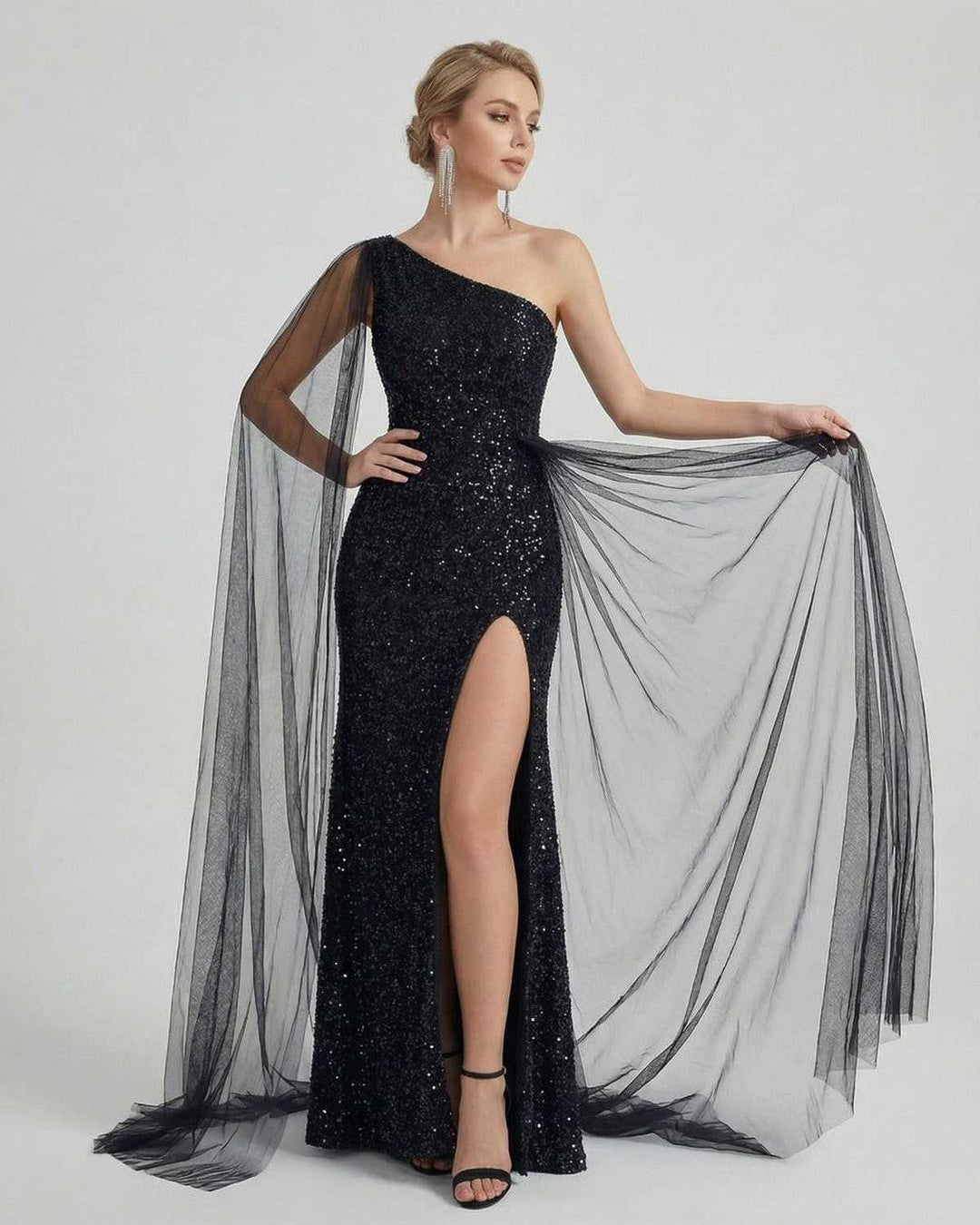 Vestido de fiesta maxi con lentejuelas brillantes y un sofisticado hombro único. Ideal para eventos.