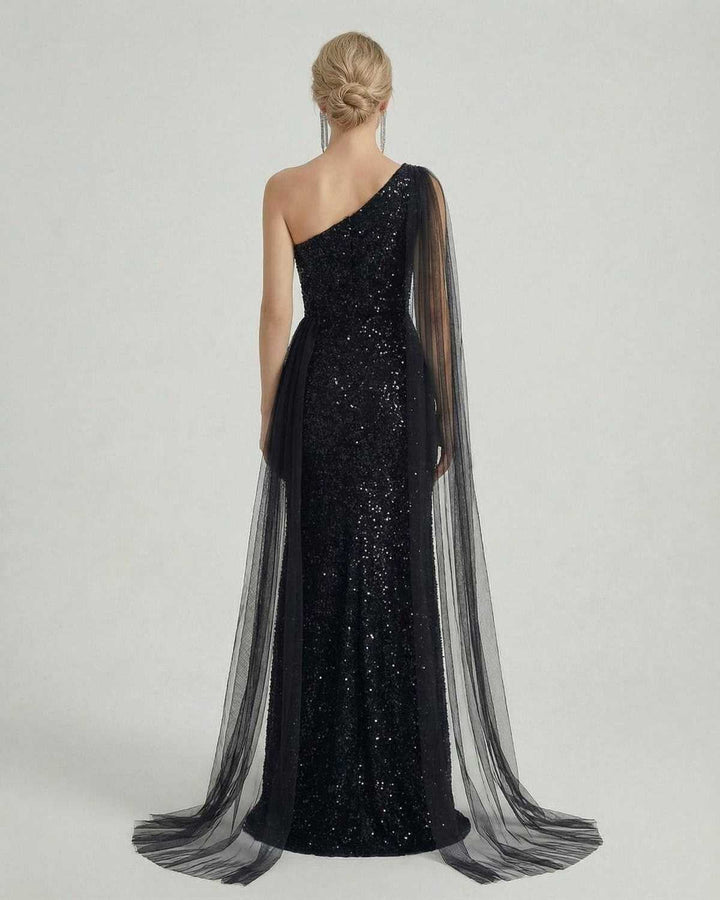 Elegante vestido formal maxi de fiesta con lentejuelas, hombro único. Perfecto para ocasiones especiales.