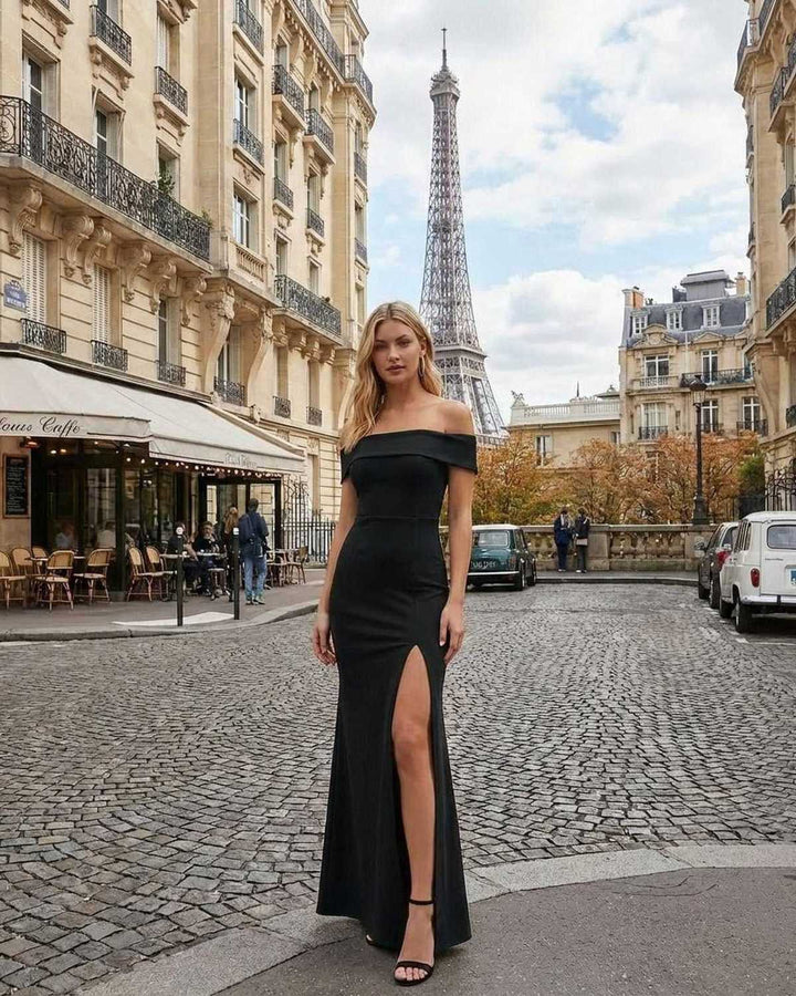 Vestido de fiesta negro para mujer, largo y con hombros descubiertos, ideal para ocasiones formales.