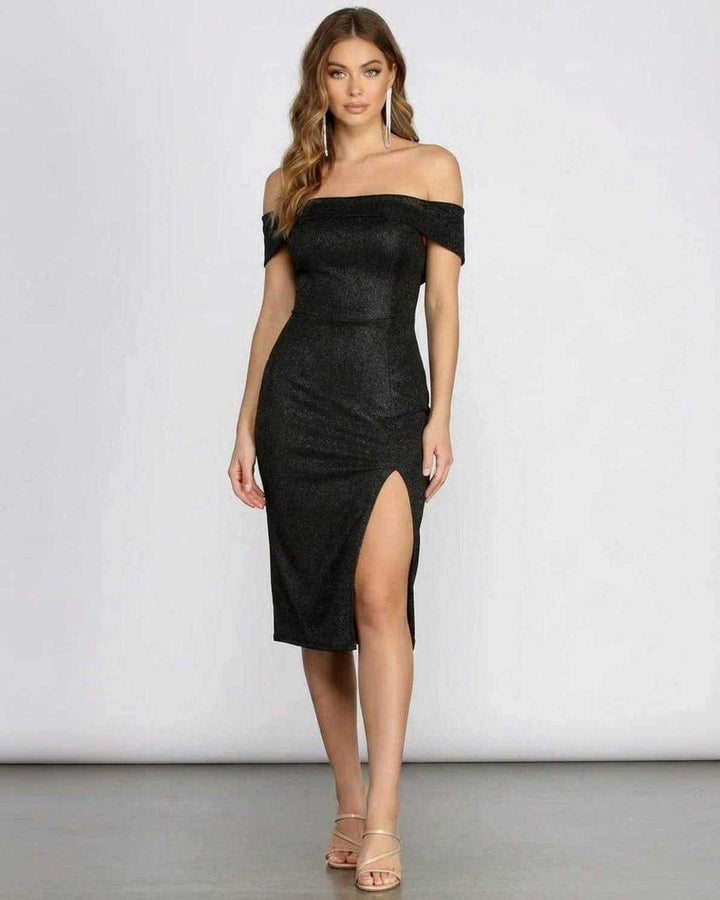 Vestido midi Noirelle negro para mujer, hombros descubiertos con brillo. Elegante para fiesta de cóctel.