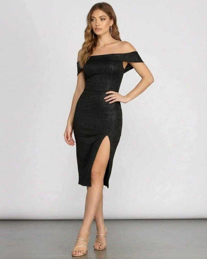 Vestido Noirelle midi negro con brillo para mujer, hombros descubiertos. Estilo sofisticado y de noche.