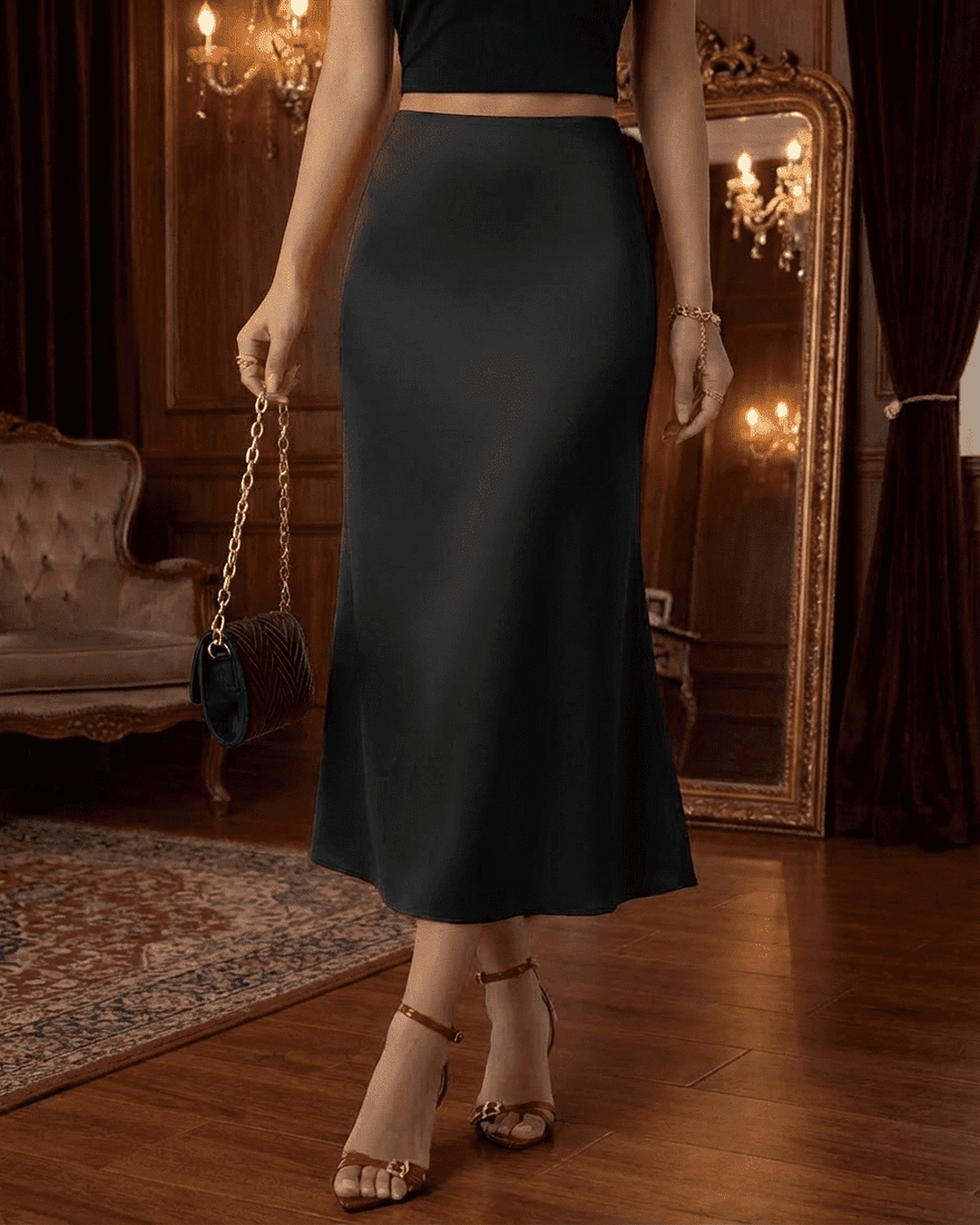 Falda midi sirena negra elegante para mujer, ideal eventos formales o estilo noche. Ropa femenina versátil.