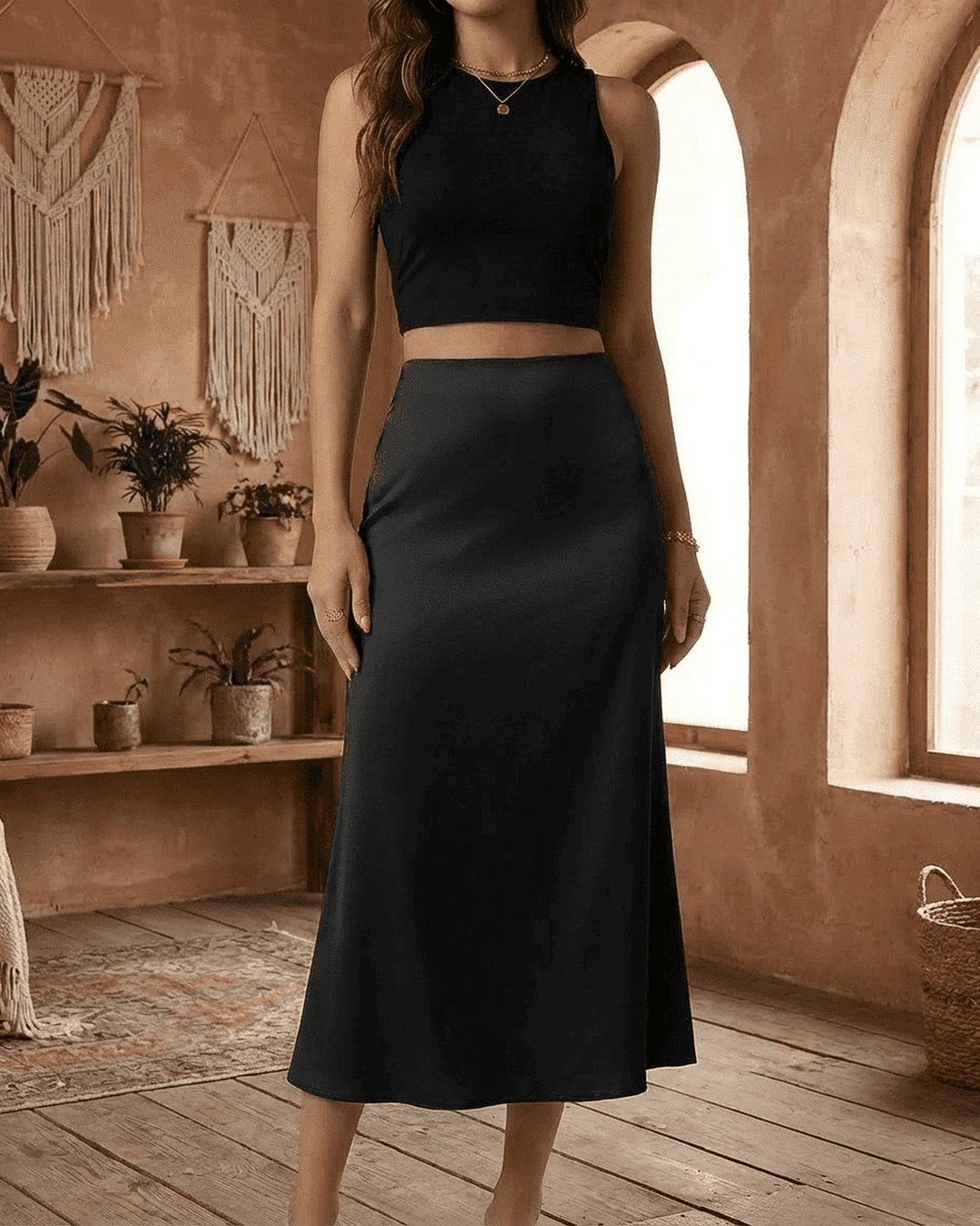 Clásica falda midi negra sirena para mujer, elegancia atemporal. Prenda versátil para eventos formales.