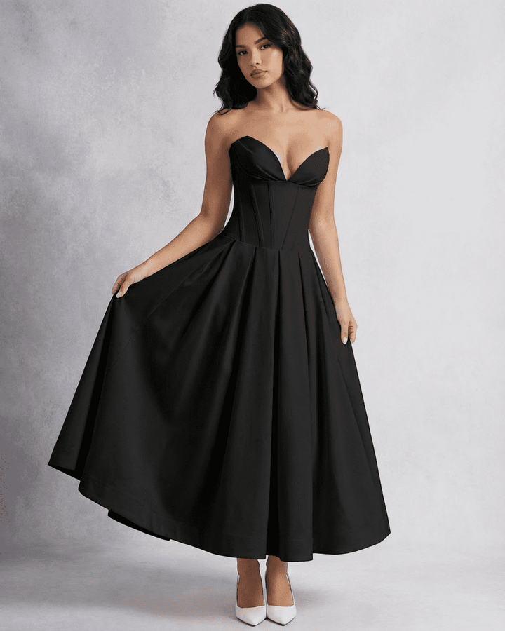 Vestido midi blanco elegante para mujer con corsé y diseño sin tirantes, ideal para fiestas y eventos formales.