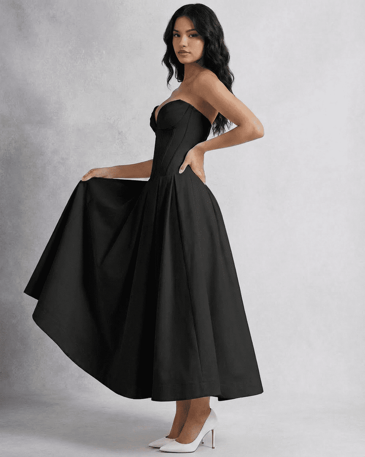 Vestido midi blanco con corsé ajustado sin tirantes, elegante y glamuroso para mujer, perfecto para fiesta de noche.