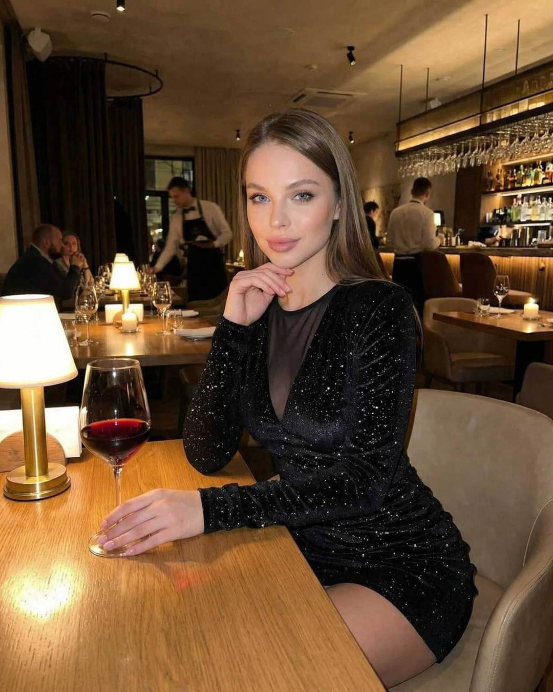 Vestido ajustado de noche para mujer, brillante y con secciones de malla. Realza tu figura con glamour.