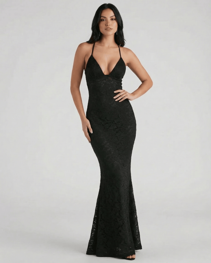Maxi vestido de mujer elegante con escote V, sin mangas y silueta trompeta para eventos de noche.
