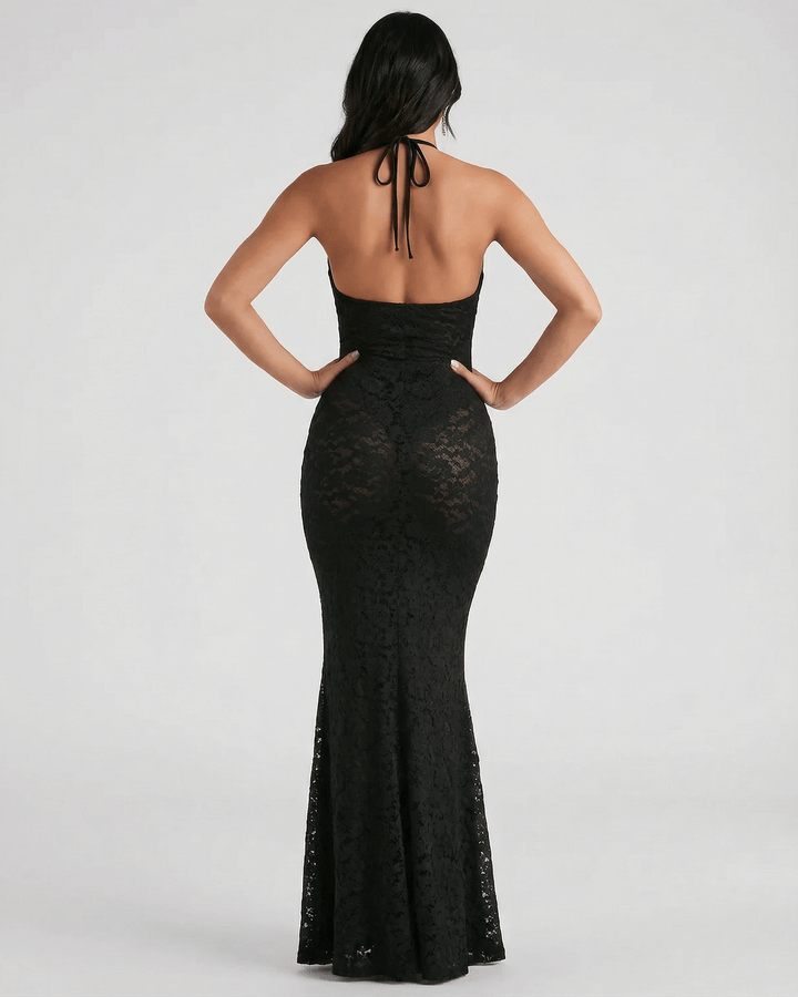 Vestido de fiesta largo sin mangas con escote V y silueta trompeta, ideal para ocasiones especiales.