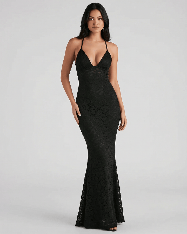 Vestido de noche elegante para mujer, corte maxi con silueta trompeta, estilo sofisticado y moderno.