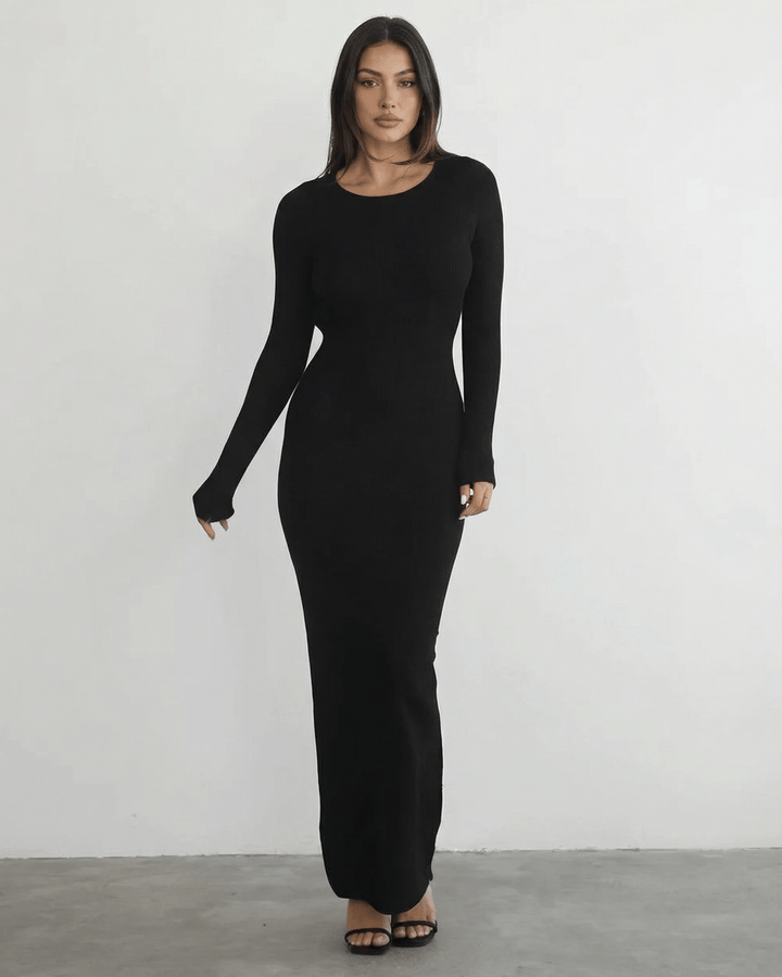 Vestido de noche negro con manga larga y espalda descubierta, moda elegante para mujer.
