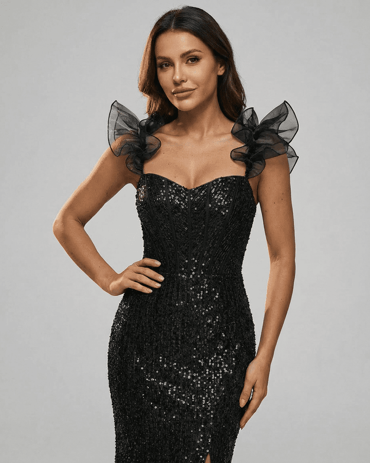 Elegante vestido mini negro brillante de noche con volantes para mujer, perfecto para eventos.