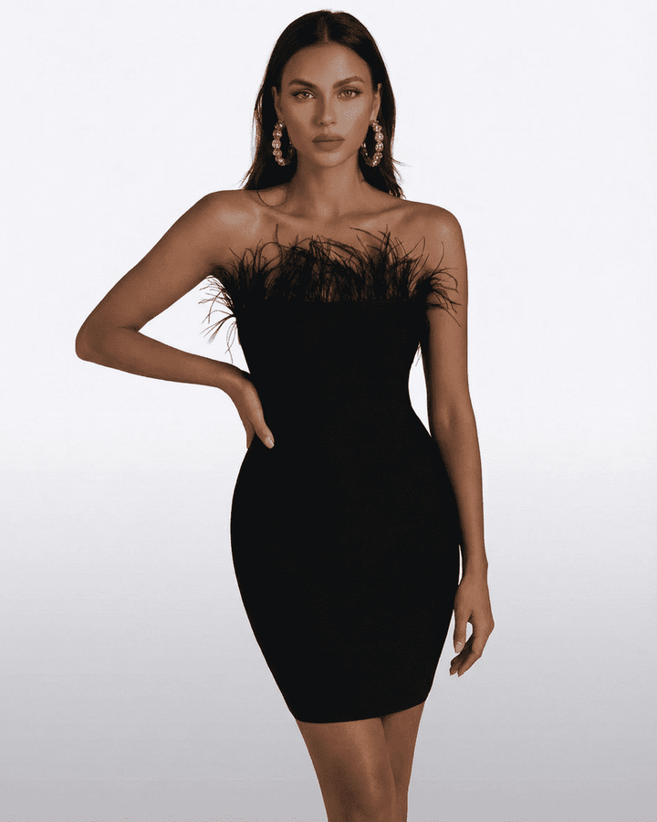 Vestido mini negro ajustado de mujer con plumas. Ideal para fiestas y eventos de noche. Elegante y moderno.