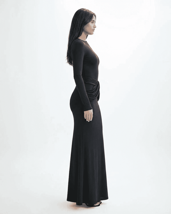 Vestido largo negro para mujer, modelo Orion. Elegante y versátil, perfecto como vestido de noche o de fiesta formal.