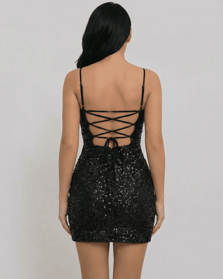 Vestido de noche de lentejuelas negras para mujer, corte mini, escote V. Estilo moderno y espalda ajustable.