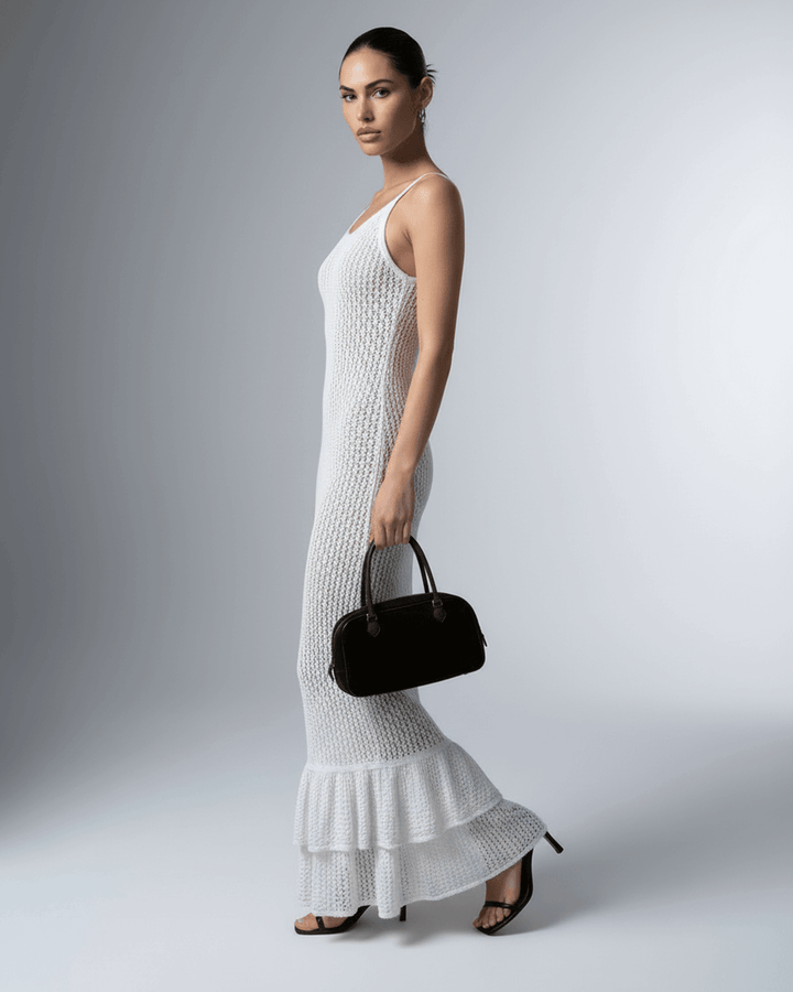 Vestido de vacaciones blanco perla, corte hueco. Estilo sin mangas para mujer, cintura alta.
