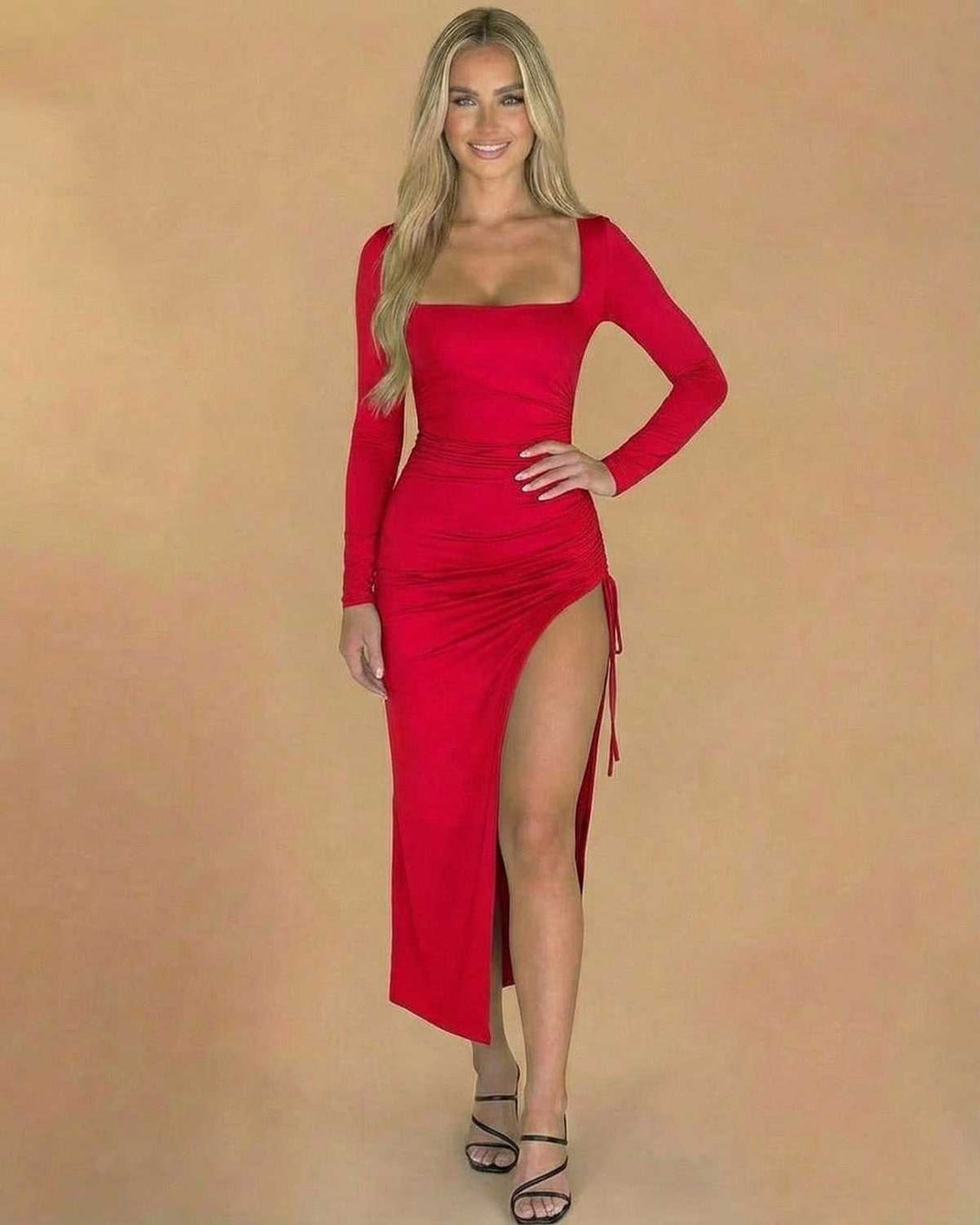 Vestido midi ajustado blanco de manga larga para mujer, elegante y sofisticado para cualquier ocasión.