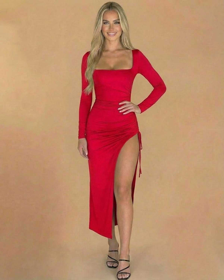 Vestido midi ajustado blanco de manga larga para mujer, elegante y sofisticado para cualquier ocasión.