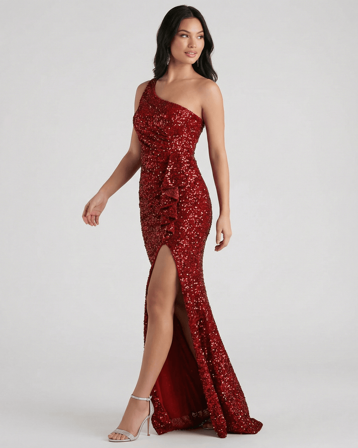 Vestido de fiesta maxi con lentejuelas rojas deslumbrantes, corte de un hombro, ideal para mujer.