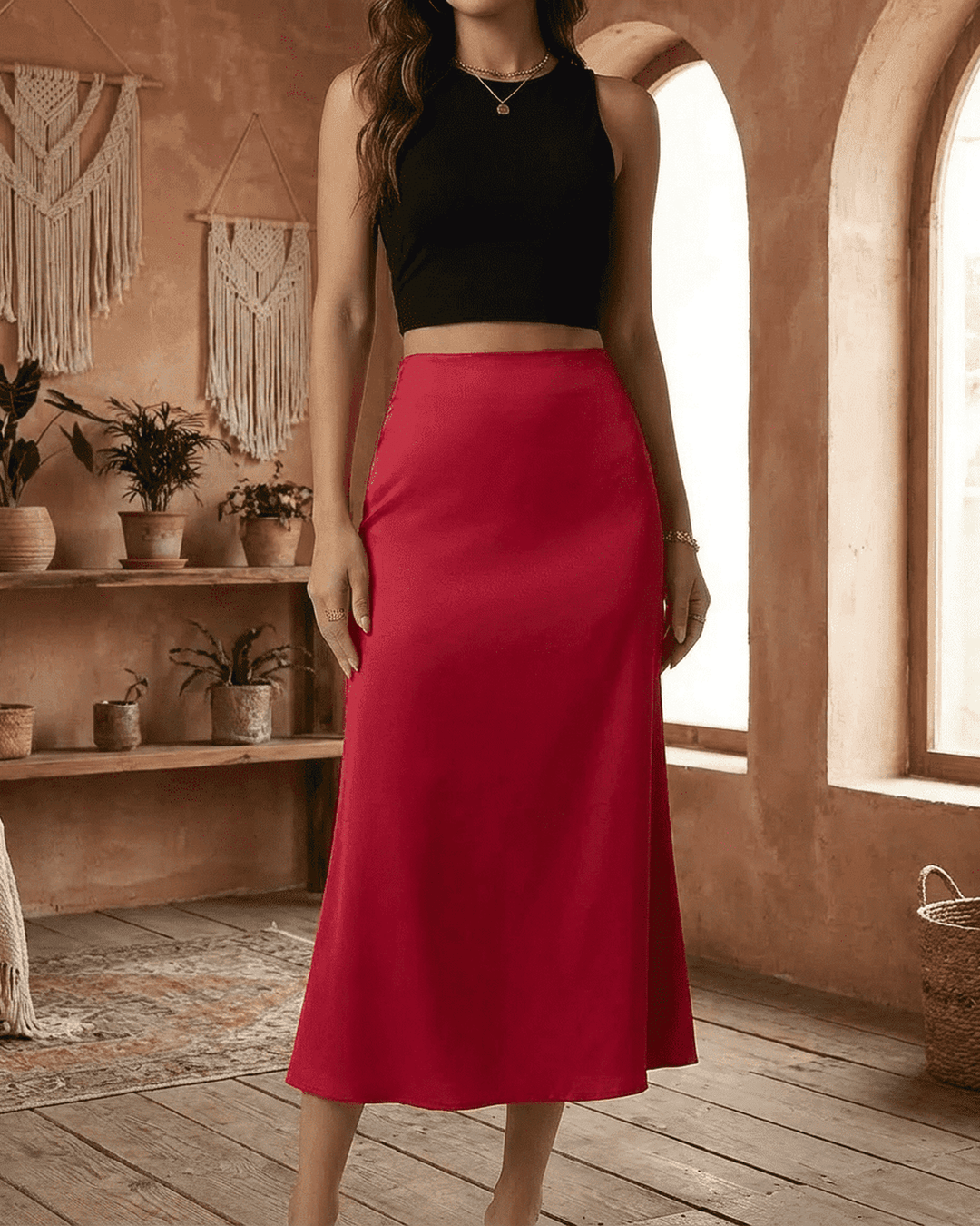 Falda midi roja Rosalia con caída elegante y corte sirena. Perfecta para lucir sofisticada en eventos y celebraciones.
