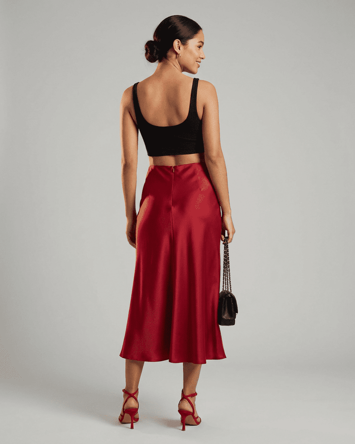 Falda midi sirena roja para mujer, versátil para fiesta o noche. Estilo sofisticado y chic para cualquier ocasión especial.