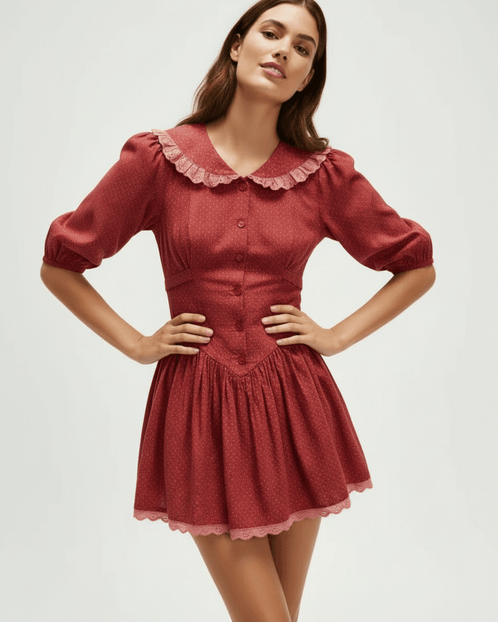 Vestido mini blanco para mujer, diseño vintage elegante con cuello Peter Pan y mangas abullonadas, ideal para moda.