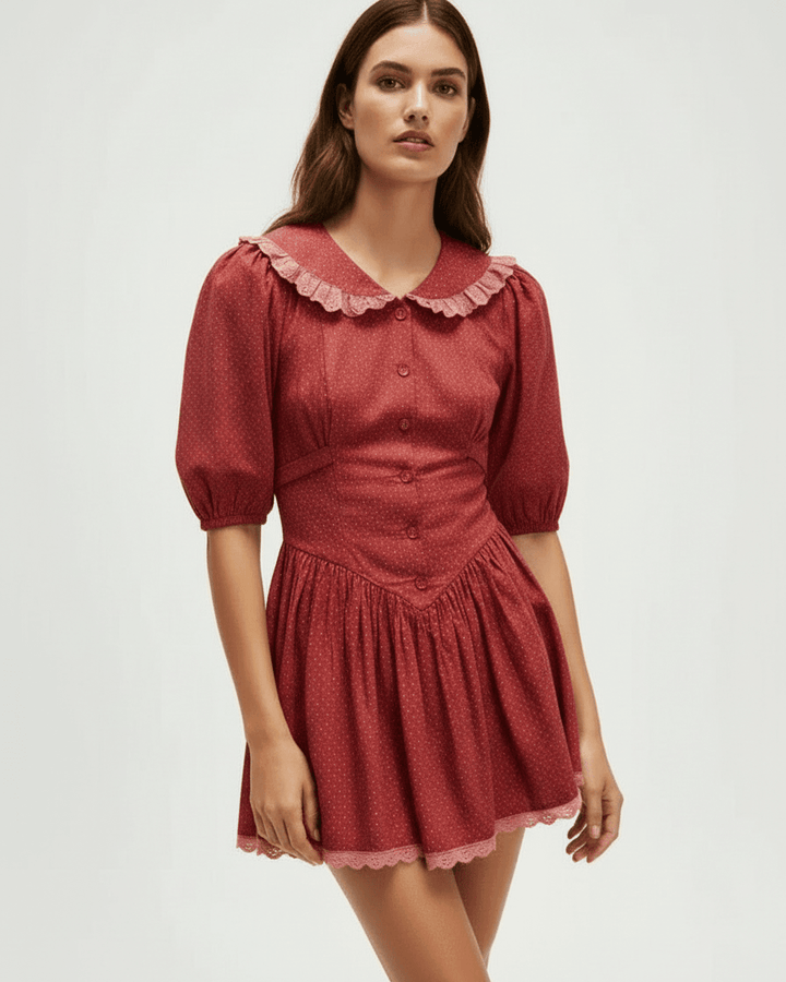 Vestido mini Rosette blanco, ideal para primavera/verano. Estilo vintage con mangas abullonadas y cuello Peter Pan.