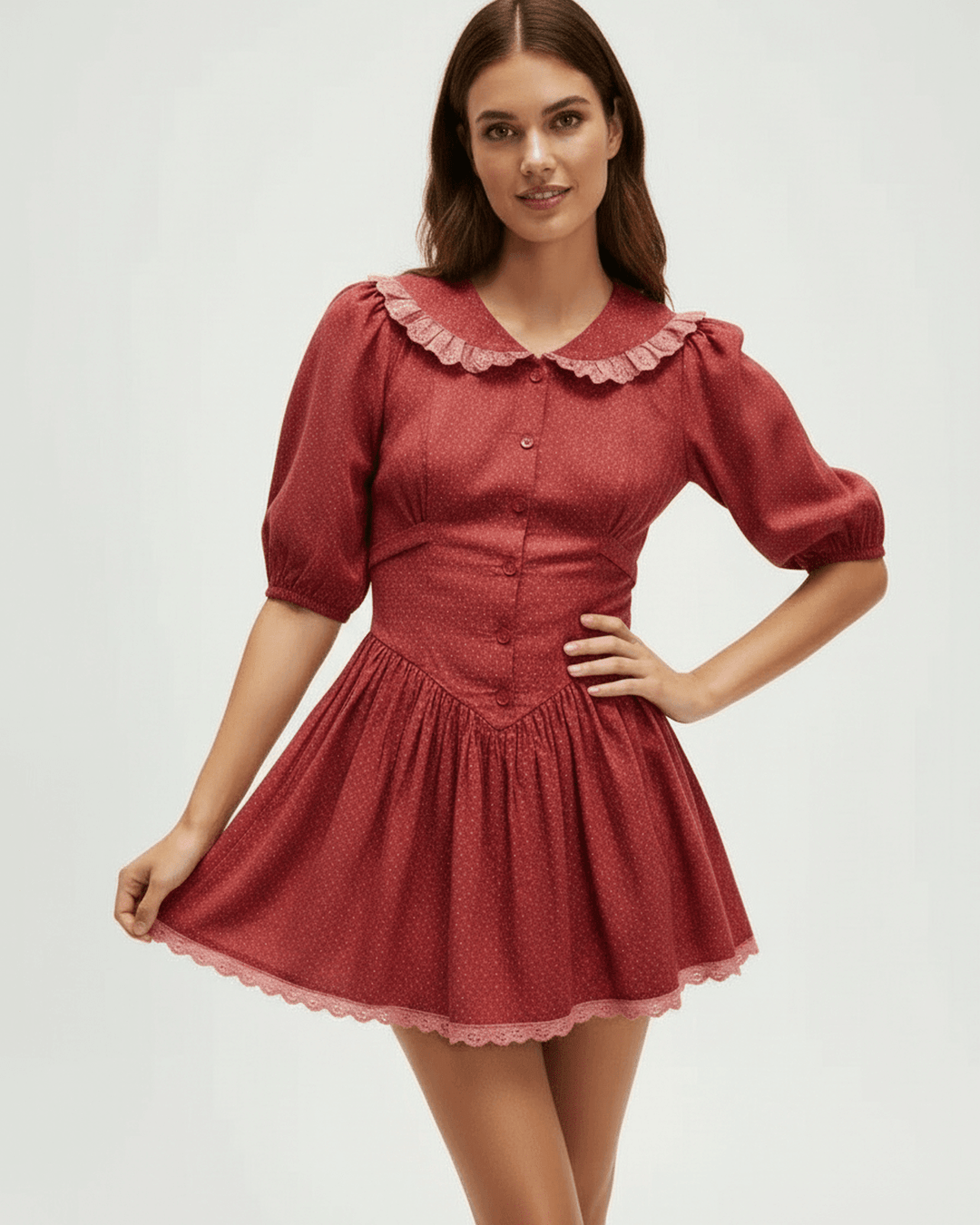 Vestido mini blanco de mujer, estilo vintage, con mangas abullonadas y cuello Peter Pan. Elegante y versátil.