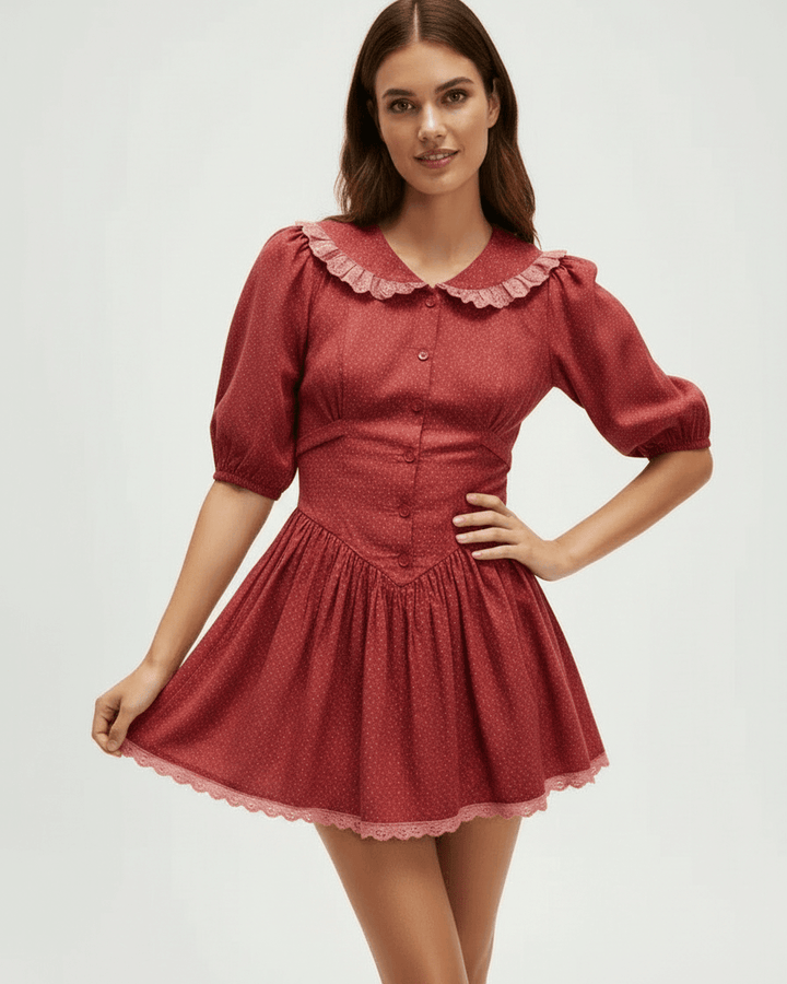 Vestido mini blanco de mujer, estilo vintage, con mangas abullonadas y cuello Peter Pan. Elegante y versátil.